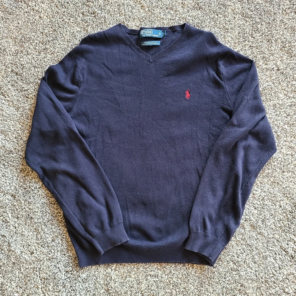 Polo Ralph Lauren V Neck Sweater Pima Cotton Blue Red Pony Pullover size Large
